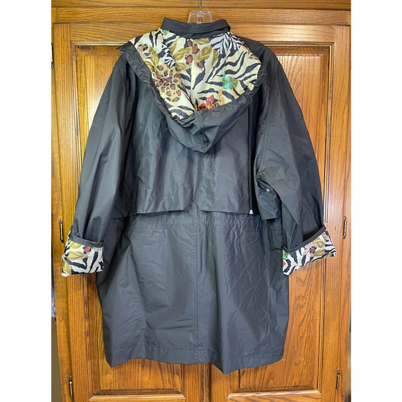 Totes Size L Black Floral Zebra Rain Coat Jacket Pockets - Picture 2 of 11
